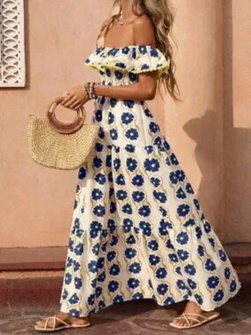 ZARA Navy Blue Boho Women's Elegant Long Dress with Ruffle